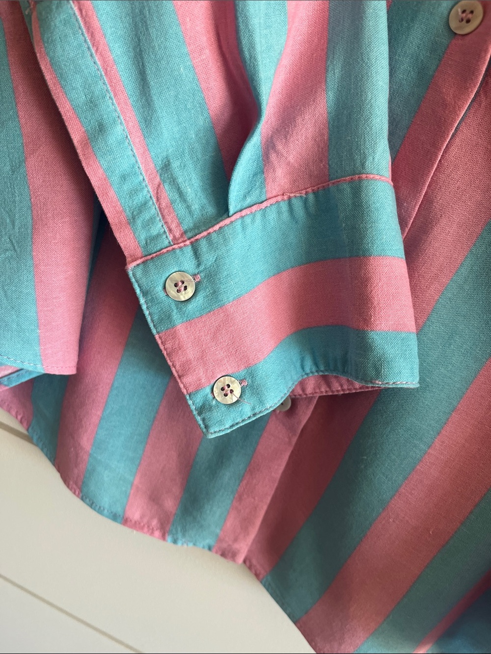 Zara Linen Blend Relaxed Vertical Stripe Button-Down in Pink and Teal Size XL - Picture 4 of 7